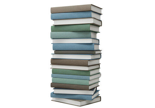 Hardcover books stacked neatly in neutral tones, front view, isolated on pure white, ideal for editorial and learning visuals