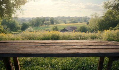 Empty old wooden table with countryside kithcen in background