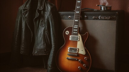 An old Gibson electric guitar leaned up against an amp, leather bicker jacket hanging on it. Smoking ash tray on top of the amp. Vintage.