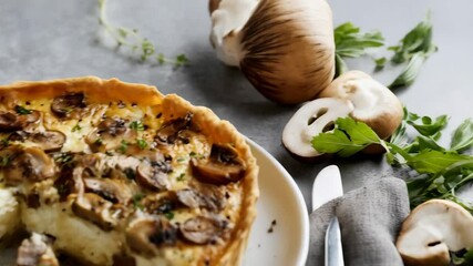Sliced mushroom quiche on white plate with thyme garnish, surrounded by button mushrooms and serving utensils