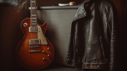 An old Gibson electric guitar leaned up against an amp, leather bicker jacket hanging on it. Smoking ash tray on top of the amp. Vintage.