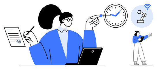 Person signing paper, laptop on desk, pointing at clock, robotic arm with wireless. Ideal for productivity, workflow management, remote work, technology innovation, industrial automation scheduling