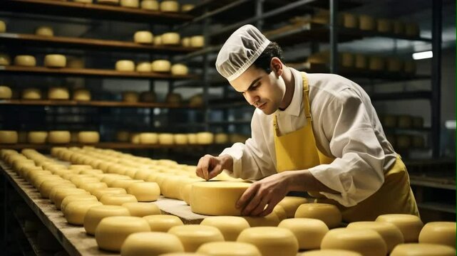 Cheese Factory Worker Handling Blocks on Production Line