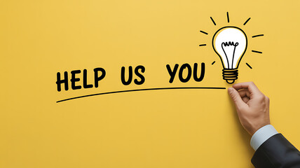 Hand drawing a line under help us you with a light bulb on a yellow background