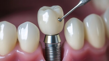 Close up of a dental implant being inserted into the gum showing titanium screw structure medical precision and realistic textures