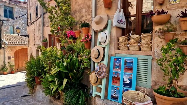 Valldemossa village in  Mallorca authentic artisan shop with straw hats baskets and colorful bags on floral street stone walls Spain Balearic Islands traditional craft souvenir boutique no people 4k