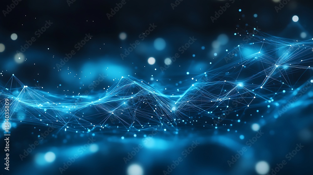 Poster abstract digital network with glowing blue nodes and connections on a dark background