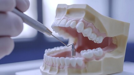 Dentist Hand Holding Dental Implant Tool near Tooth Model