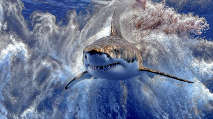 Great White Surge: Shark Bursting Through the Waves