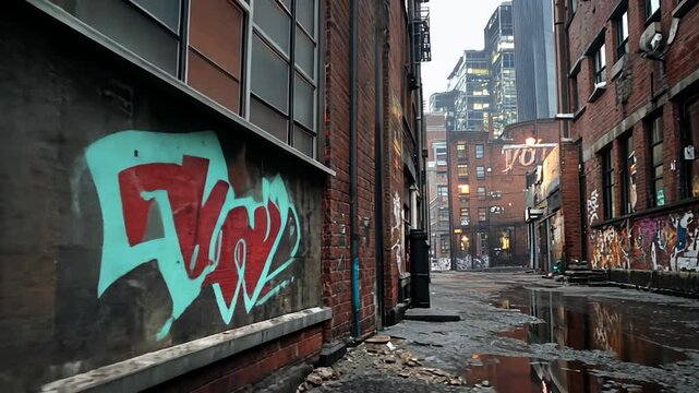 Urban alleyway with graffiti and brick buildings cityscape architecture