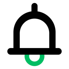 Illustration of a simple bell with black outline and a green clapper against a white background
