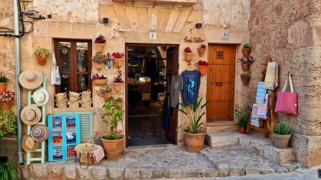 Valldemossa Mallorca authentic artisan shop with straw hats baskets and colorful bags on floral street stone walls Spain Balearic Islands traditional craft souvenir boutique no people 4k