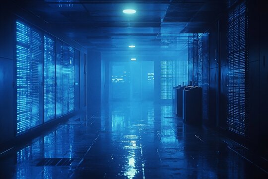 Futuristic server room illuminated in eerie blue light providing data storage - Powered by Adobe