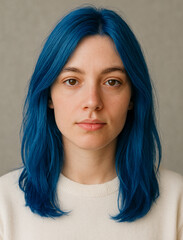 Studio Portrait of Young Woman with Blue Hair in White Sweater