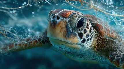 Fototapeta premium Turtle entangled in plastic debris underwater