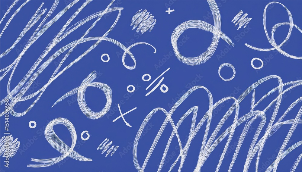 Poster abstract white scribble lines and sketch marks on vibrant blue background for creative branding, web design, wallpaper, textile print, or modern digital art composition

