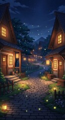 Fototapeta premium Enchanting Nighttime Village Scene with Glowing Lanterns and Fireflies, Peaceful Atmosphere.