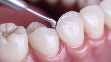 Close up of a dental scaler removing plaque and tartar from a tooth with a focus on the precision and care