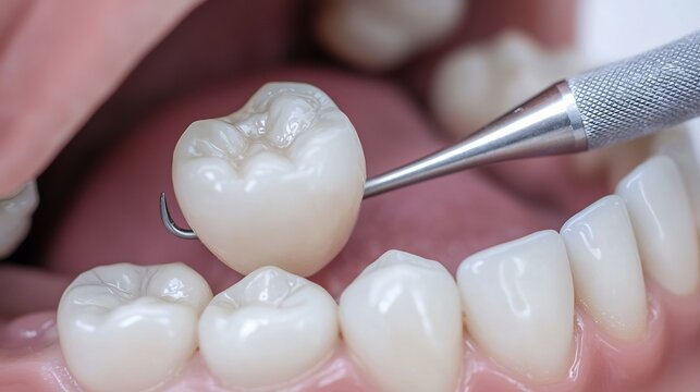 Close up of a dental scaler removing plaque and tartar from a tooth with a focus on the precision and care