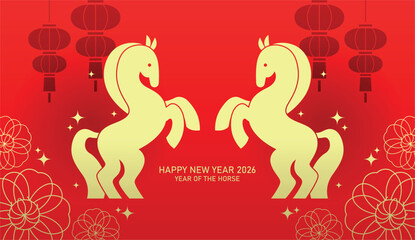 Two symmetrical zodiac horses rearing. Chinese new year of the horse 2026 banner with zodiac horses in minimalist style.