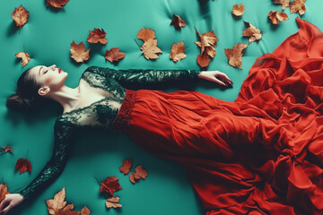  woman in a long dress lying down on a mattress with fallen leaves
