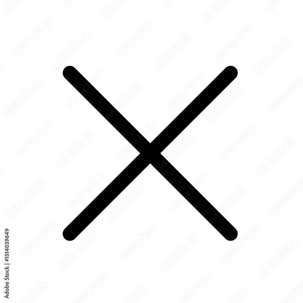 Poster illustration of a simple black x mark with diagonal lines on a plain white background design element