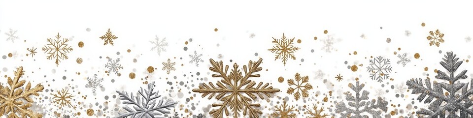 Christmas and Happy New Year snowflake seamless border, festive ornate style repeat backdrop with grey and gold snowflake and star confetti isolated on white background, png white