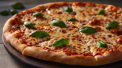 Pizza in mid-flight, cheese and basil in focus, dramatic overhead light with shadows, clean minimal backdrop for promotional content.