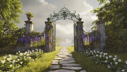 Beautiful garden gate with intricate ironwork, surrounded by blooming flowers and lush greenery, leading to a serene pathway under a cloudy sky, inviting exploration and tranquility.  Paradise