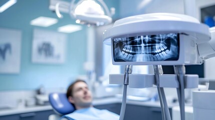Close up of a dental X ray machine in action with a patient sitting comfortably in a modern clinic