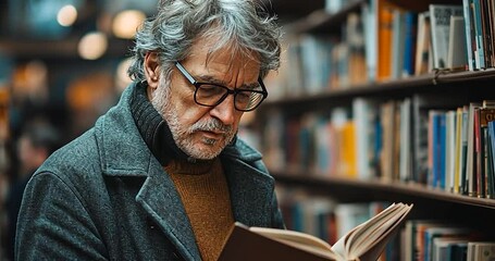 Portrait of an elderly man with glasses, reading a book in a library setting, illuminated by the soft glow of a blurred background with bookshelves and a focus on a book - Powered by Adobe