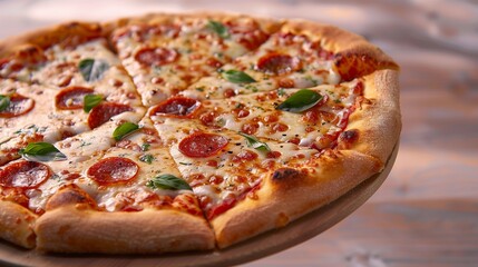 Floating pizza shot mid-air with herbs and cheese details frozen in motion, clean gradient background with space for marketing or headlines.