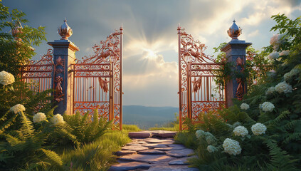Ornate wrought iron gates open to a breathtaking landscape, surrounded by lush greenery and blooming flowers, inviting exploration into a serene and picturesque environment. The Gates of Paradise