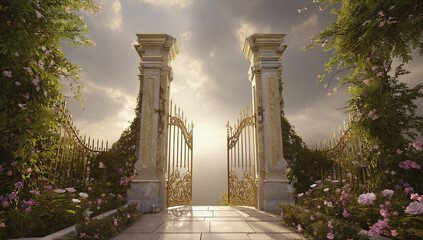 Majestic garden gates adorned with intricate gold detailing, surrounded by vibrant flowers and lush greenery, inviting viewers into a serene and enchanting landscape. The Gates of Paradise