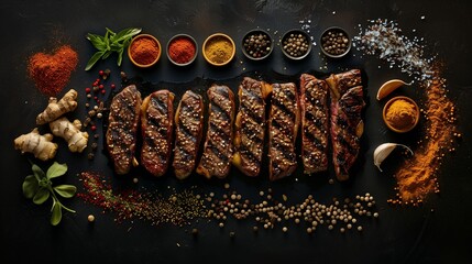Stylized overhead layout of grilled steak with rows of vibrant spices on a deep black surface, dramatic shadows enhance texture, ideal for bold graphic use