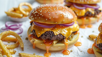 Overhead flat lay of a cheese-dripping burger with onion rings and fries on a clean white surface, styled for realism.
