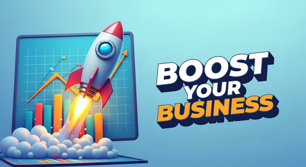 Boost Your Business – 3D Rocket Launch with Graph, Startup Growth Concept, Modern Marketing Banner - business concept illustration - SEO