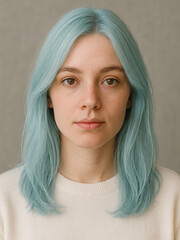 Studio Portrait of Woman with Light Blue Hair in White Sweater