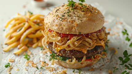 Overhead view of a juicy burger with vibrant toppings and golden fries artistically arranged on a bright white backdrop with ample space.