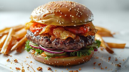 Gourmet burger and fries displayed from above, toppings layered, realistic textures highlighted on a clean white background with minimal layout.