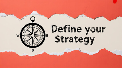 Compass and define your strategy text on torn paper over orange background view