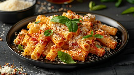 Top-down shot of Italian penne in red sauce, basil and parmesan topping a black plate, enhanced by moody shadows for dramatic depth.