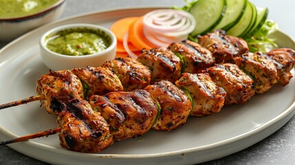 Zoomed-in plate of grilled chicken kababs with green chutney and salad rings, laid out in symmetrical circles for a visually refined serving style
