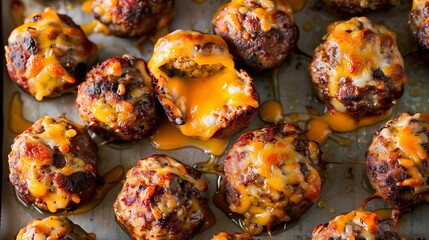 Flat lay of cheddar-stuffed meatballs, cheese bubbling and edges golden brown, arranged symmetrically for visual appeal.