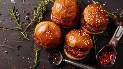 Top-down close-up of marbled raw beef patties with rosemary scattered artfully and a scoop of crushed peppercorns resting on the side.