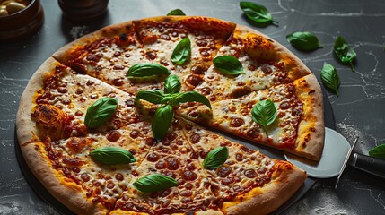 Vibrant sliced pizza with basil and golden cheese, steel cutter on modern matte counter, overhead angle with dramatic lighting and open design space.