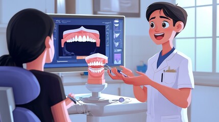 Digital illustration of a dentist explaining a dental procedure to a patient using a 3D model
