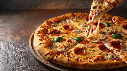 Levitating cheesy pizza with motion blur edges, under dynamic light, textured neutral background ideal for marketing overlay.