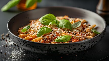 Dark and dramatic top view of penne pasta, rich tomato sauce, basil sprigs, and parmesan on a matte black plate.