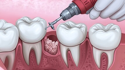 Digital illustration of a dentist using a dental drill to remove decay from a tooth highlighting the importance of precision